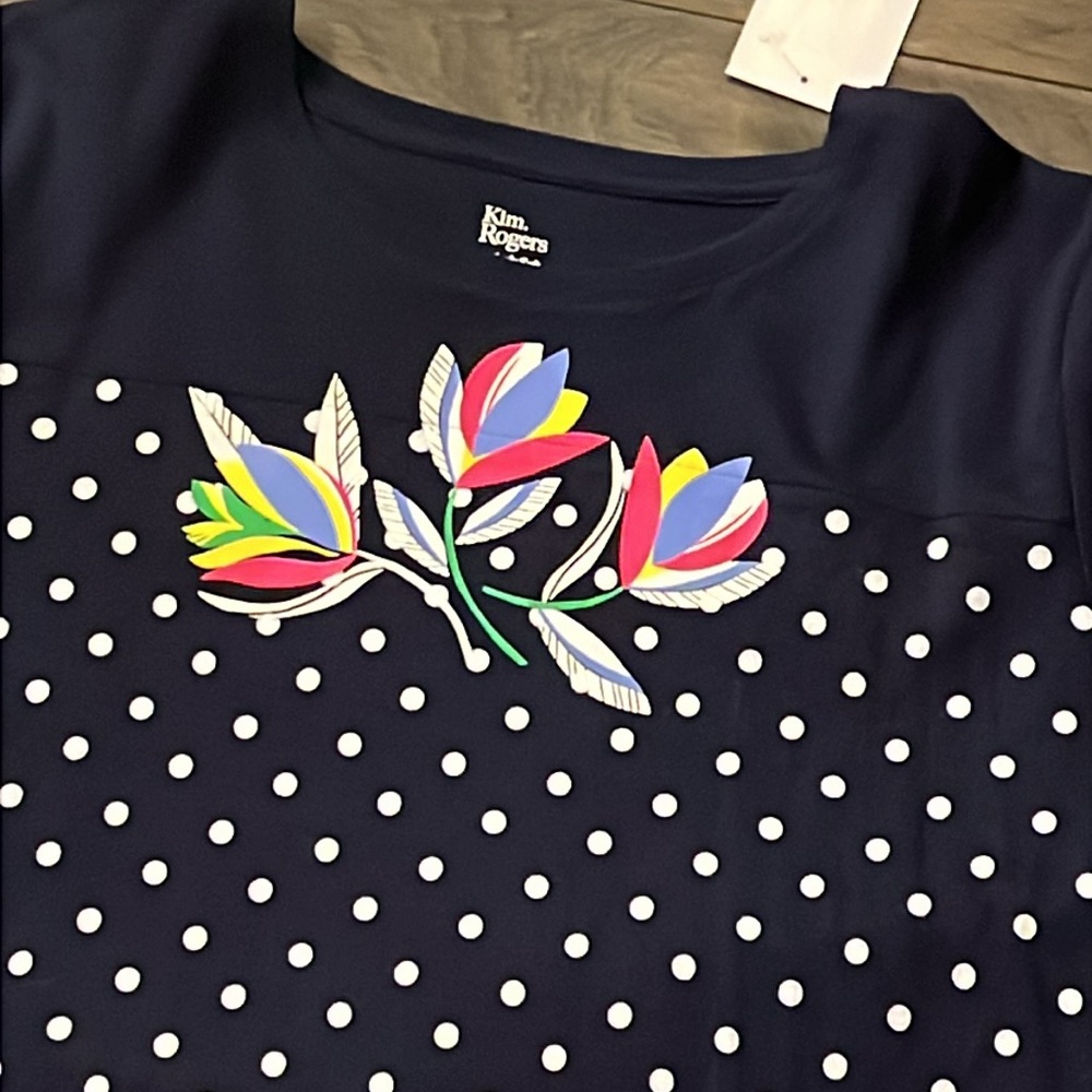 Kim Rogers Tulips Short Sleeve Crew T Shirt navy blue new Women’s 1X - Picture 2 of 10
